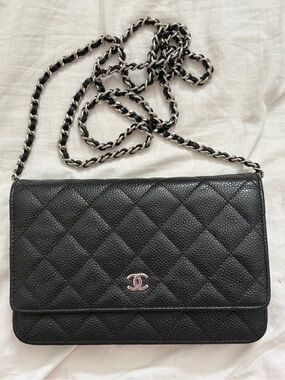 FINAL WEEK ON POSH Chanel Black Quilted Caviar Leather Crossbody Wallet Silver